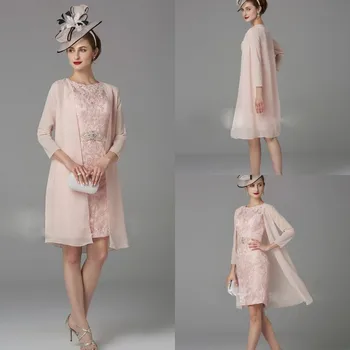 2019 Элегантные розовые платья для матери невесты с длинными рукавами шифон 2 шт. вечерние платья на заказ до колен выпускное вечернее платье