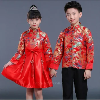 2022 Мальчик Девочка Китайская новогодняя одежда Традиционная вышивка дракона Тан Костюм Детская сценическая вечеринка Фестиваль Восточная одежда Ханьфу