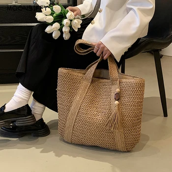 2023 Женская дорожная сумка большой емкости Weave Tote Summer Beach Straw Сумка с кисточками Дизайн Женская богемная сумка через плечо для женщин