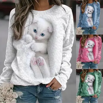2023 Новая женская 3D-футболка с воротником с длинным рукавом, кошка, мода, животное, милый принт домашних животных, большая повседневная уличная одежда оверсайз Ootd