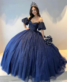 2024 Изысканный темно-синий Принцесса Quinceanera Платье Бальное платье Пышные рукава Бусины Кристаллы Конкурс Сладкий 15 Платье для вечеринок