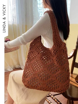 2024 Тренд Hollow Out Женская сумка для вязания крючком Высококачественные шерстяные трикотажные сумки через плечо для отдыха Сумка большой емкости в праздничном стиле