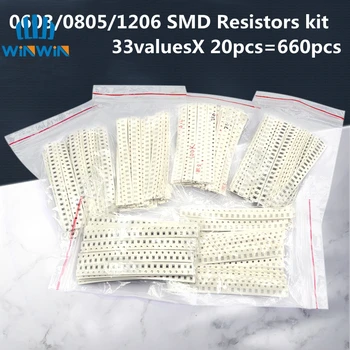 33valuesX 20 шт=660 шт. 0603 0805 1206 Комплект резисторов SMD Ассорти от 1R до 1M 1% SMD Sample Kit DIY 3.3R 5.1R 10R 47R 62R 82R 1K