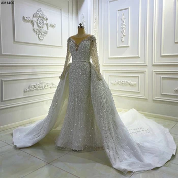 AM1400 Роскошное свадебное платье с длинным рукавом и V-образным вырезом с полным бисероплетением Кружево с пайетками 2 в 1