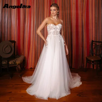 Angelika Fancy Свадебное платье без бретелек для невесты Пайетки 3D Аппликации Линия Тюль Без рукавов Придворный поезд Vestidos De Novia