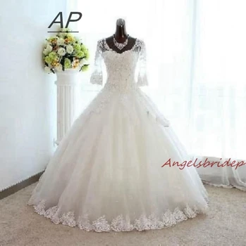 ANGELSBRIDEP Бальное платье с длинными рукавами Свадебное платье Роскошное аппликация Полноразмерное женское платье невесты Плюс размер