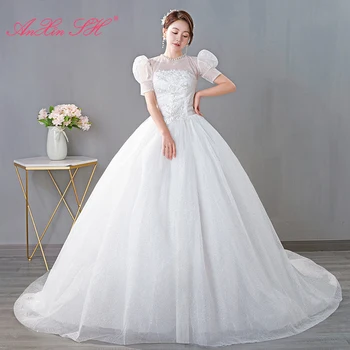 AnXin SH принцесса белая роза цветок кружевное свадебное платье винтажное o шея бисероплетение жемчуг пышный рукав невеста бальное платье свадебное платье