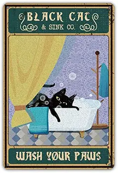 Black Cat & Sink Co. Вымойте лапы Металлический жестяной знак Настенный художественный декор Ретро ванная комната Цитата Знак для дома Декор ванной комнаты Подарки