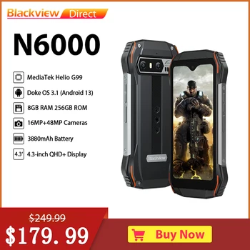 Blackview N6000 Rugged Machine Helio G99 Octa Core, Android 13, 4,3-дюймовый дисплей, 8 ГБ 256 ГБ, аккумулятор 3880 мАч, 48-мегапиксельная задняя камера, NFC