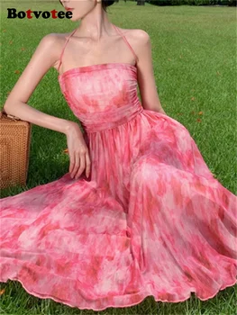 Botvotee Платье без бретелек с принтом для женщин 2023 Новое шикарное платье без рукавов во французском стиле Элегантное свободное сетчатое платье на бретелях
