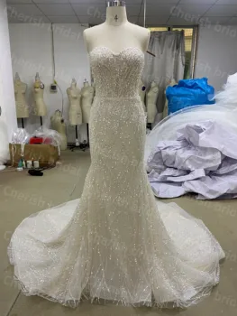 C5025M Роскошное свадебное платье русалки с полным бисероплетением для невесты, свадебное платье без бретелек на молнии сзади