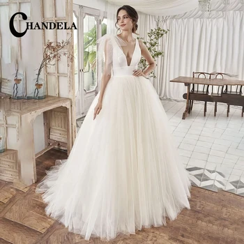 CHANDELA Простые свадебные платья для невесты Глубокий V-образный вырез Линия Без спинки Без рукавов Шлейф На заказ Vestido De Casamento
