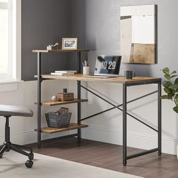 CubiCubi Небольшой компьютерный стол с полками 40 дюймов, стол для домашнего офиса, рабочий стол для учебы, 3-уровневая полка, коричневый
