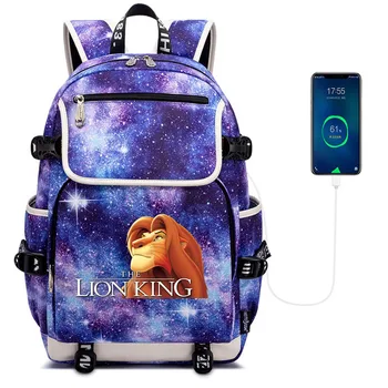 Disney Король Лев Симба Мужчины Женщины USB Зарядка Ноутбук Дорожные рюкзаки Мальчики Девочки Подросток Студент Школьные Сумки Mochila