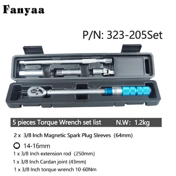 Fanyaa Набор динамометрических ключей 5 шт. Привод 3/8 дюйма, 10-60 Нм, точность 4%, авто, автомобиль, транспортное средство, свеча зажигания, велосипед, ремонт велосипеда