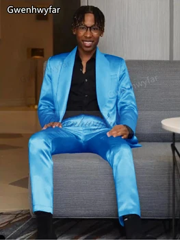 Gwenhwyfar 2022 Модный мужской костюм Синий шелковый атласный свадебный смокинг Four Seasons Party Wear Приталенный комплект из 2 предметов (пальто + брюки)