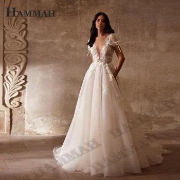 HAMMAH Princess Свадебные платья A Line Короткие рукава Тюль Глубокий V-образный вырез Аппликации без спинки Плиссировки Платья невесты Персонализированные