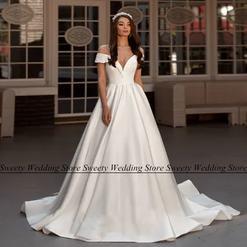 Jiayigong Аппликация с V-образным вырезом Свадебные платья Индивидуальный размер Атласное свадебное платье Sweep Train Современная невеста 
