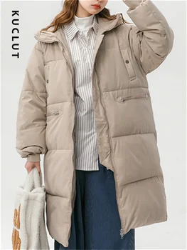 KUCLUT Черные парки для женщин Осень-зима 2023 Новая мода Винтажные пальто с капюшоном Длинные пальто Повседневные куртки на молнии Пуховые шикарные куртки