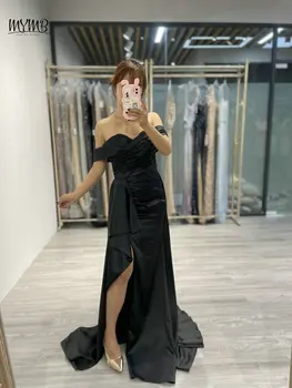 MYMB Черное простое плиссированное вечернее платье русалки с шеей в форме сердца 2024 Классическое платье с открытыми плечами и разрезом для женской вечеринки