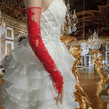 Opera Длинные Красные Без Пальцев Женщины Свадебные Кружева Свадебная Вечеринка Танцевальные Перчатки