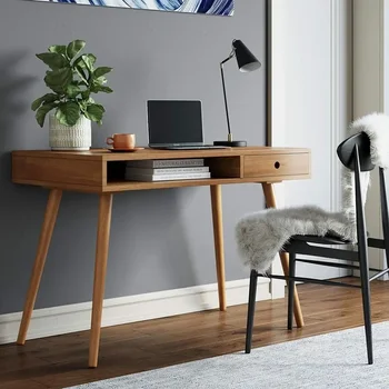 Parker Современный письменный стол для домашнего офиса, компьютер или ноутбук с открытым шкафом для хранения и небольшим ящиком, орех