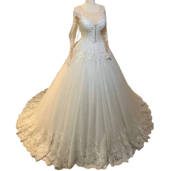 Scoop Бальное платье с длинными рукавами Свадебное платье 2023 Vestidos De Noiva Роскошные аппликации из бисера Придворный поезд Формальные свадебные платья