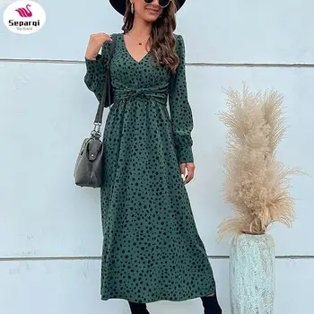 SEPARQI Fashion Women Новое зеленое макси-платье с длинным рукавом и леопардовым принтом Vestido Feminino Платья для женщин 2024 осень-зима