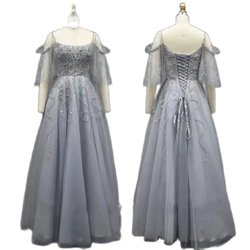 Serene Hill Арабский серый A Line Роскошные вечерние платья в Дубае 2024 Шнуровка из бисера для женщин Свадебная вечеринка LA72256