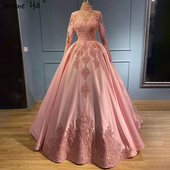 Serene Hill Мусульманские розовые атласные вечерние платья Платья 2023 Beaed Роскошное бальное платье для женщин Вечеринка LA71224