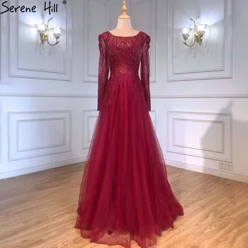 Serene Hill Мусульманское вино Красные вечерние платья А-силуэта Платья 2023 Роскошные бисероплетенные для женщин Свадебная вечеринка LA71375