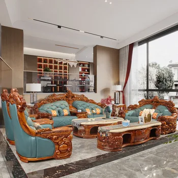 Ugyen Деревянный диван в европейском стиле Натуральная кожа крупного рогатого скота Поверхность Большая и маленькая квартира Тип гостиной Мебель