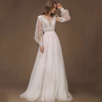 V-образный вырез Прозрачные бусины Кружевные складки с длинным рукавом Свадебное платье А-силуэта с открытой спиной Свадебные платья Vestido De Noiva