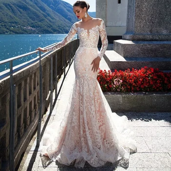Vestido de Casamento Роскошное свадебное платье русалки с длинным рукавом Sexy Vestido de Noiva Sereia See Through Back Abito Sposa