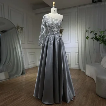 Wasisi 2024 Серое атласное элегантное вечернее платье на одно плечо Цветы ручной работы Вечернее платье линии FLA70043