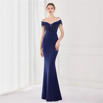 YIDINGZS Темно-синие аппликации бисером Длинное вечернее платье Элегантное вечернее платье с открытыми плечами 19130