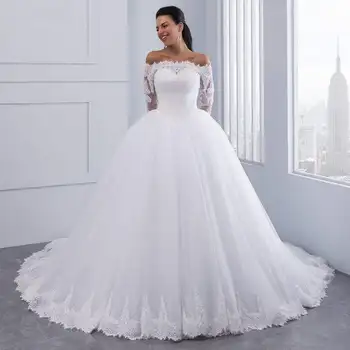 Белый Шар Элегантный Вышитый Цветок Большой Кружевной Шлейф Поезд С Длинным Рукавом Свадебное Платье Свадебное Платье