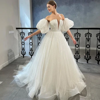 Блестящее свадебное платье А-силуэта с глубоким V-образным вырезом и съемными рукавами Современное платье невесты Халат Soiree Femme Longue De Luxe
