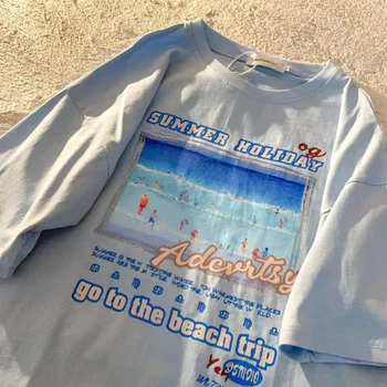 Бохо Японский летний отдых на пляже Картина маслом Негабаритная футболка Женская футболка унисекс Ins с коротким рукавом Свободная корейская трендовая футболка 2023