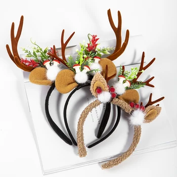 Взрывная рождественская милая красно-коричневая повязка на голову с рогами, колокольчик, пряжка для волос лося, трансграничная новая флокированная аксессуары для волос из оленьих рогов