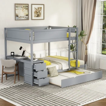 Двухъярусная кровать с двумя односпальными кроватями и двумя односпальными кроватями, розетками с USB, местом для хранения вещей и письменным столом, изобилием универсальности, серый