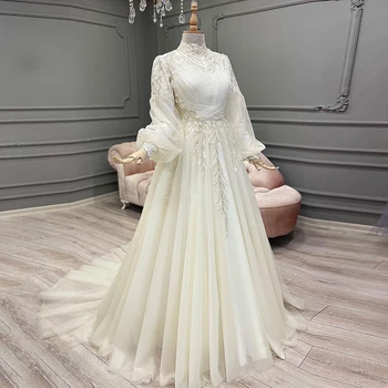 Длинные мусульманские свадебные платья для женщин 2022 Кружевная аппликация А-силуэт Свадебные платья Тюль Бусины Элегантное платье невесты vestidos de novia