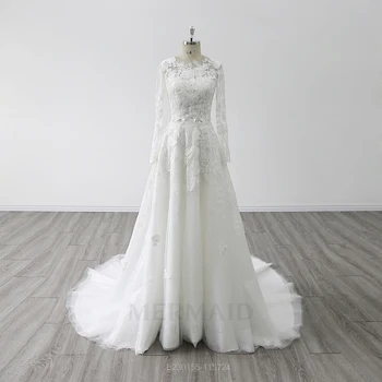  Длинные рукава Кружевная куртка Милая шея Придворный поезд Платья невесты 2 в 1 съемное свадебное платье