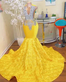 Желтое прозрачное длинное выпускное платье с о-образным вырезом для черных девушек из бисера кристалл платье на день рождения с оборками формальные вечерние платья русалки