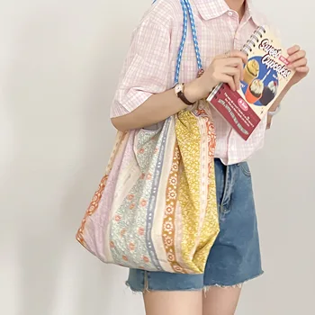 Женская цветочная холщовая сумка для покупок Повседневная сумка большого размера для женщин Женские дорожные сумки для хранения Сумка многоразовые сумки через плечо