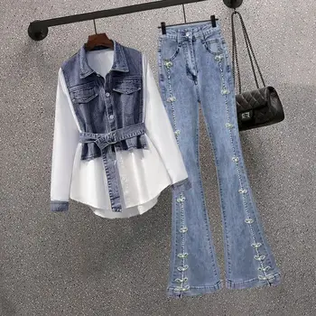 Женский комплект с поясом Джинсовая рубашка для похудения и пэчворк в гонконгском стиле Джинсы с высокой талией Fried Street Stud Комплект из двух частей
