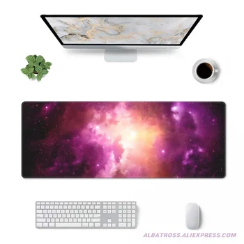 Звездное небо Красивый Космос Фиолетовый Туманность Игровой коврик для мыши Резиновые прошитые края Коврик для мыши 31,5 '' x 11,8 ''