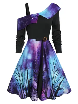 Звездное небо Хэллоуин Косой вырез Асимметричное платье Готическое женское платье А-силуэт Винтаж Элегантные платья для вечеринок Vestidos Plus Size