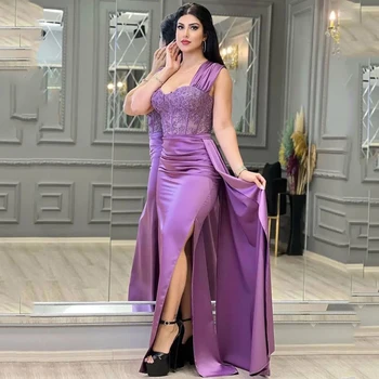 Изящные фиолетовые выпускные платья с открытыми плечами атласное бисероплетение возлюбленная вечернее платье для вечерней вечеринки Саудовская Аравия Robes De Soirée