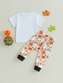 Костюм на Хэллоуин для мальчиков Жуткая футболка с принтом призрака и набор брюк с тыквенным принтом
